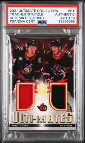 Brady Tkachuk Tim Stutzle 2021-22 UD Ulti-Mates Dual Patch Auto Senators PSA 10