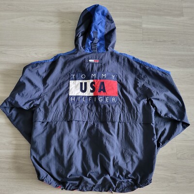 RARE Blue Tommy Hilfiger Size L USA Spell Out Colorblock Hoodie Jacket Big Flag