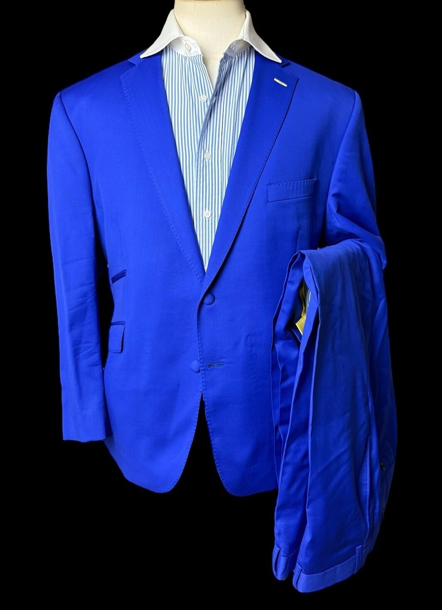 Bespoke Scabal Electric Blue Suit 44S W40S Super 100’s Yellow Lining
