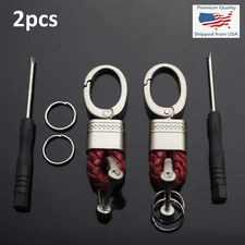 2pcs Wine Red & Matte Silver Woven Leather Fob Keychain Key Rings Holder Clip