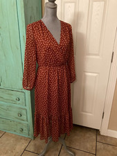 J. CREW, LONG SLEEVE, V-NECK, LINED LONG DRESS WITH RUFFLED HEMLINE, 4
