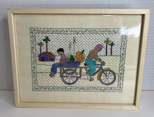 Aarong Bangladesh Framed Embroidery Art Tuk Tuk Man and Child Street Scene