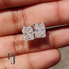 Moissanite Solitaire Stud Earrings 2 Carat Radiant Cut VVS1 Solid 14K White Gold
