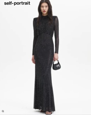 self portrait black rhinestone mesh long sleeve maxi dress size 4 | eBay