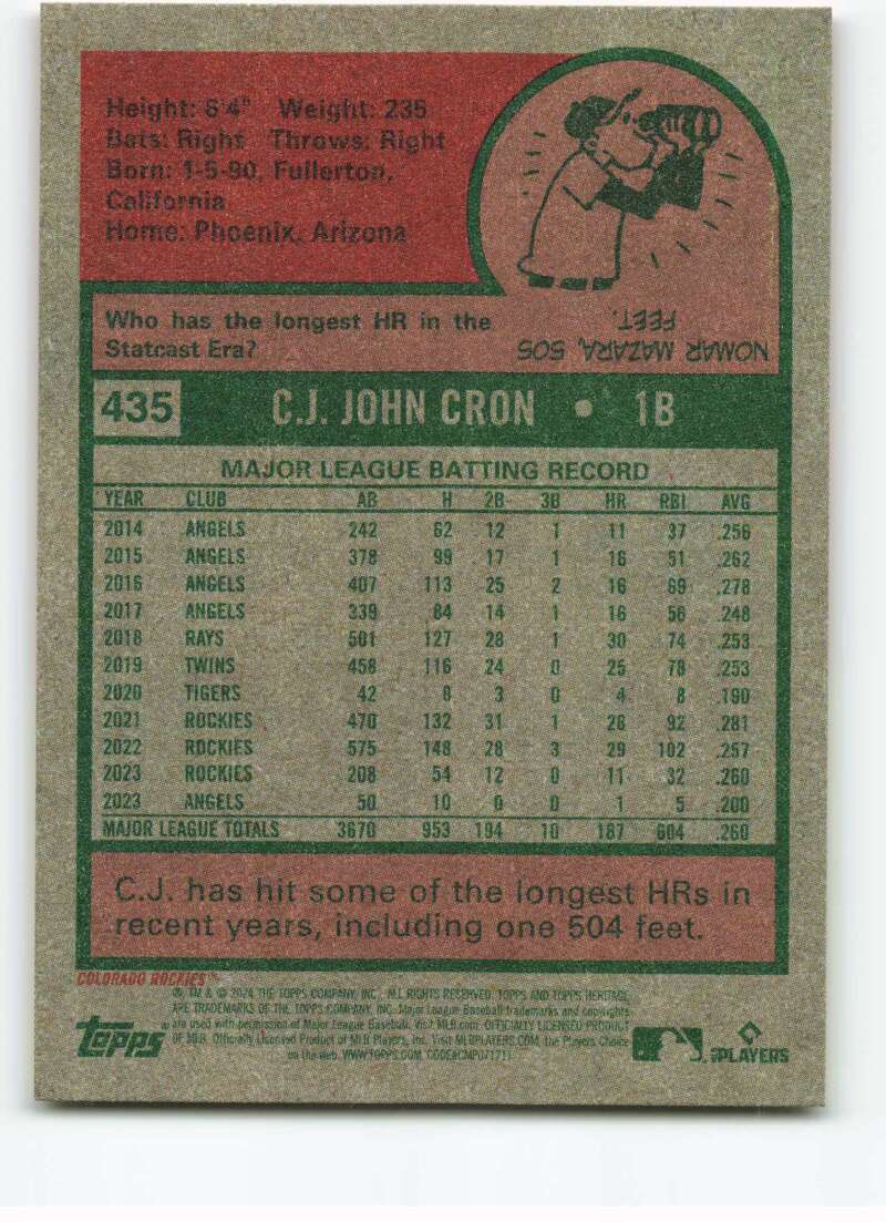 C.J. Cron 2024 Topps Heritage #435 MLB Rockies ID:99899 | eBay
