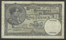 Belgium 1931 Used 5 Francs Note 01.04.31 Pick 97B Very Fine