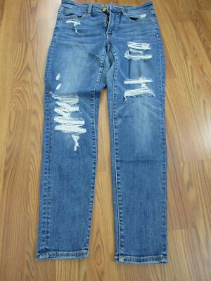 AMERICAN EAGLE, JUNIOR'S BLUE COTTON BL DISTRESSED HI-RISE JEGGING, SIZE 6 SHORT