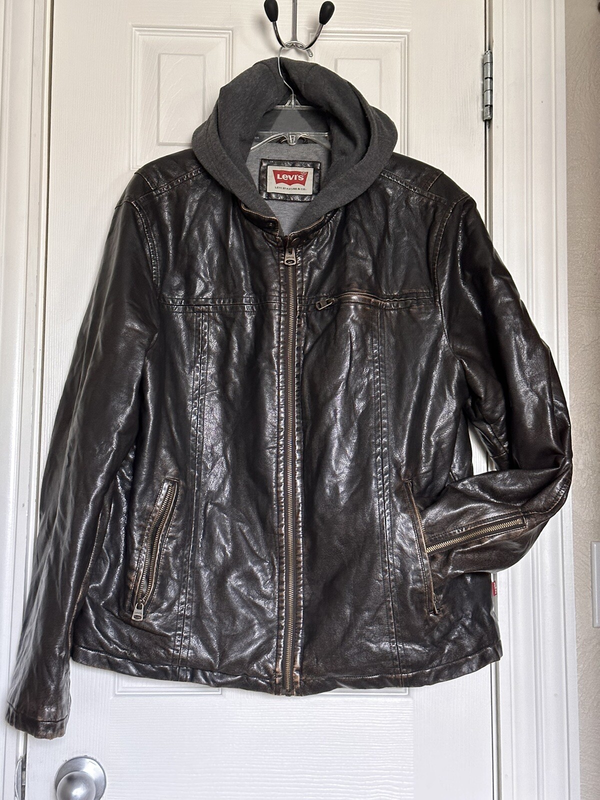 Levi’s Faux Leather Brown Biker Jacket W/ Built In Gray Hoodie Very Nice Large