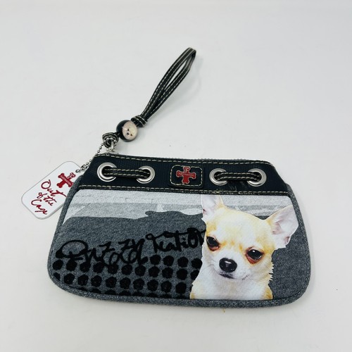 NEW Out Of The Cage Chihuahua Dog Wristlet Zip Purse Gray Black Fabric Vegan - Picture 2 of 14
