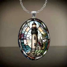 1pc Stylish Elegant Lighthouse Pattern Oval Alloy Glass Necklace Romantic Gift