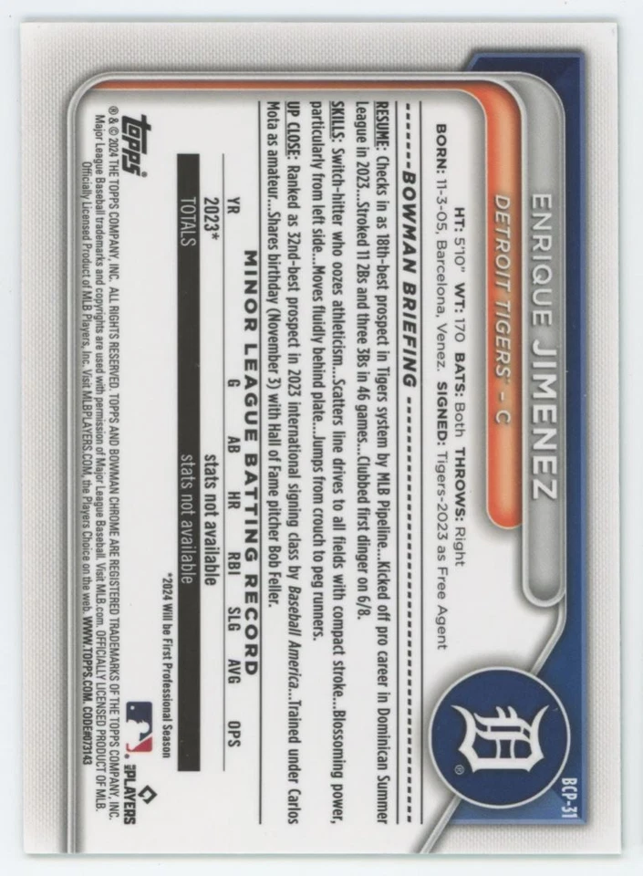 2024 Bowman Chrome Prospects Enrique Jimenez Rookie Detroit Tigers #BCP-31 - Image 2 of 2