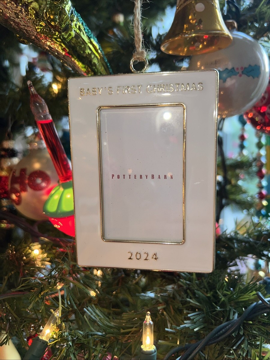 Pottery Barn 2024 White Enamel Frame Ornament Baby’s First Christmas NEW IN  BOX