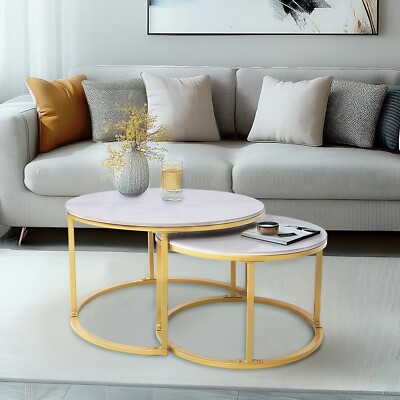 Moderner Satz Couchtisch 2er Set weiß rund Holz gold Metall Beistelltische