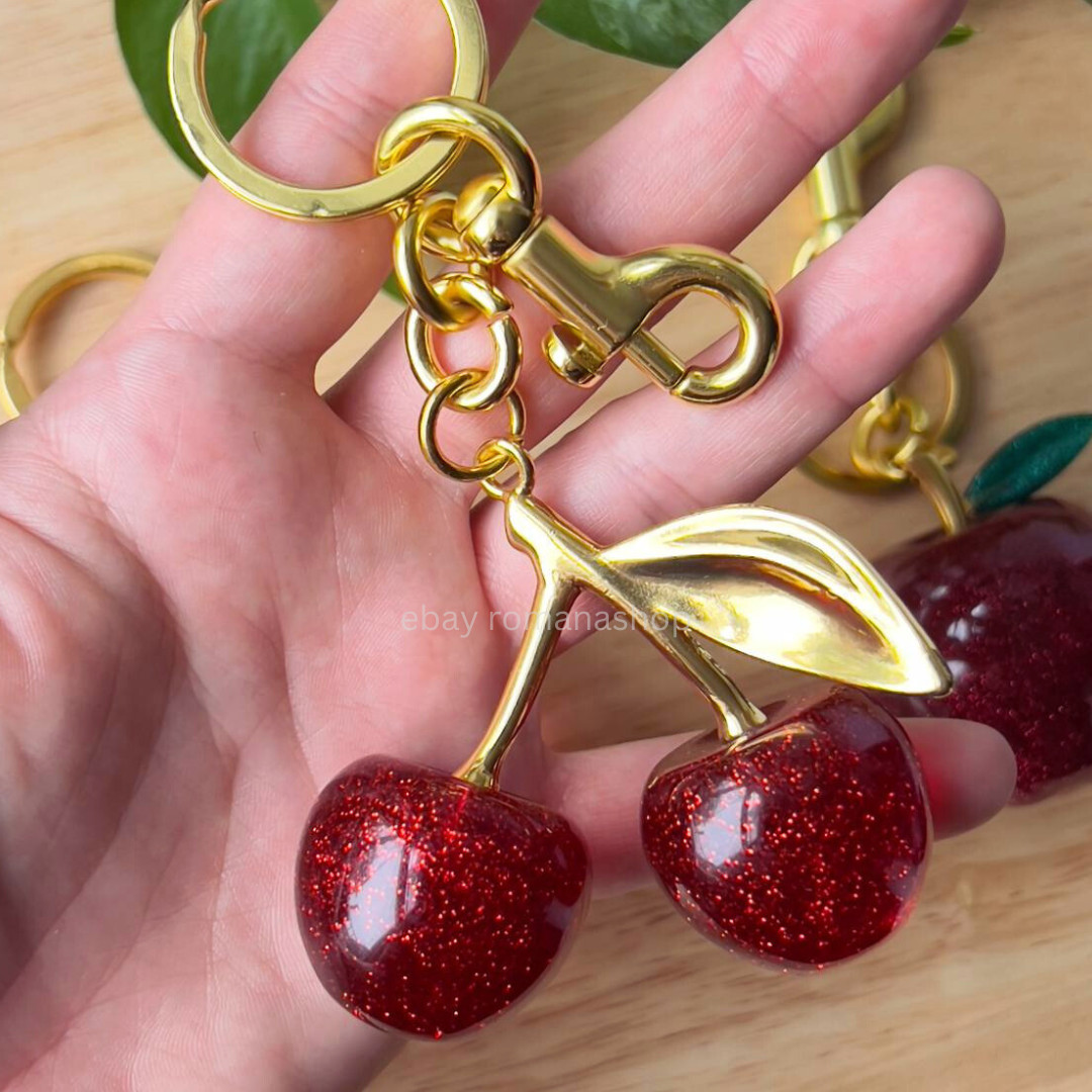 Luxury Bag Charm Cute Fruit Purse Charm Glitter Cherry Strawberry Apple Keychain