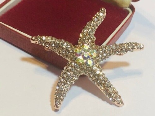 Vintage Art Deco Style Aurora Borealis Crystal Starfish Brooch Shawl Pin - Picture 6 of 13