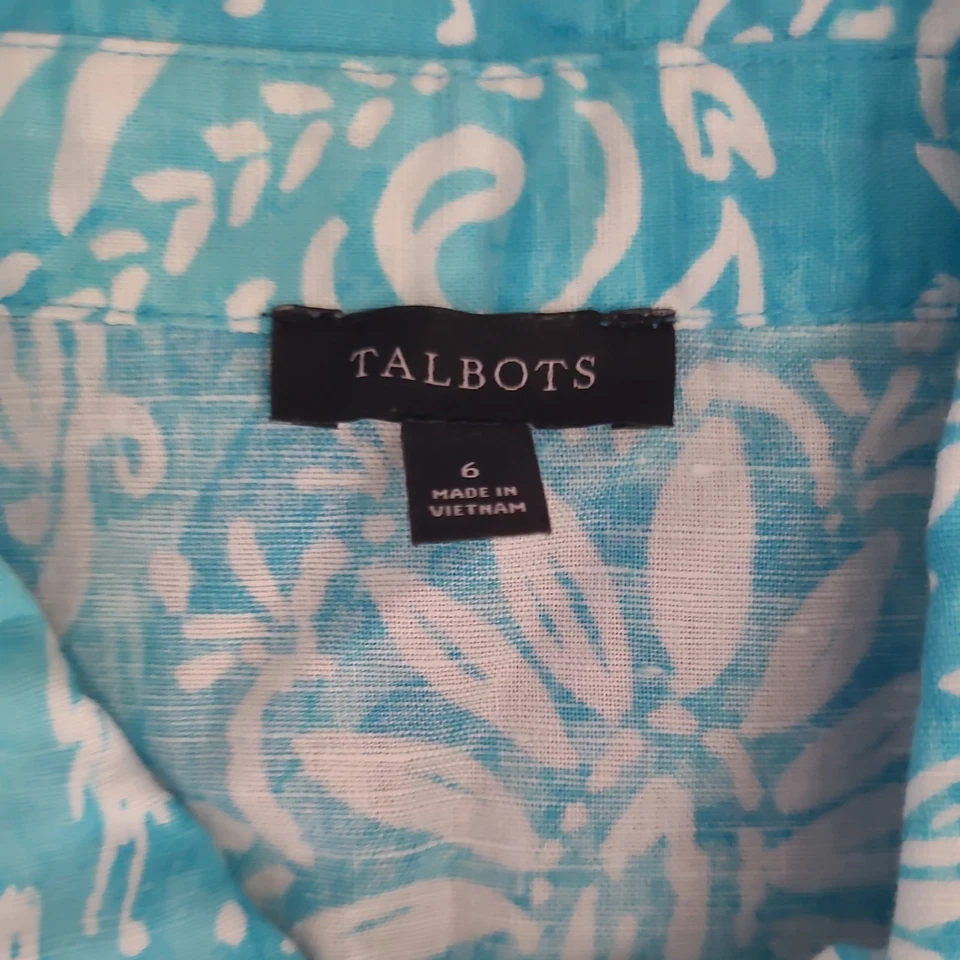 Vestido Talbots Mujer 6 Azul Blanco Cachemira Lino Algodón Camisa Midi Corbata Cintura Foto 4 de 4