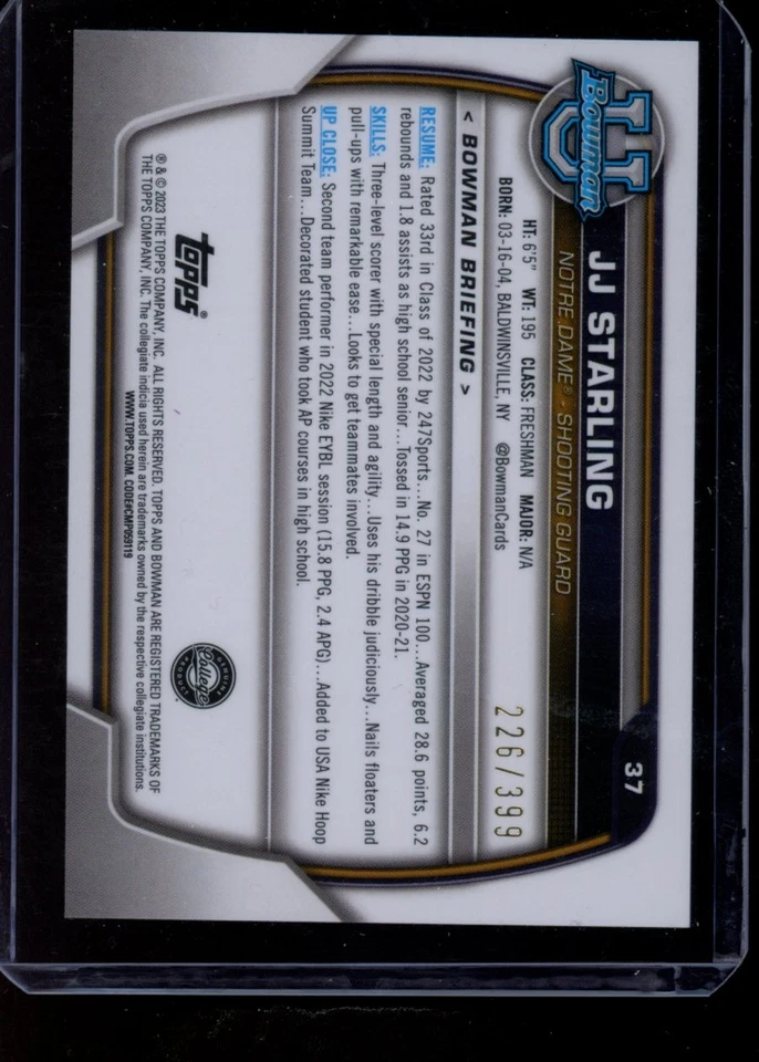 2022-23 Bowman University Chrome #37 JJ Starling Purple Wave #/399 - Image 2 of 2