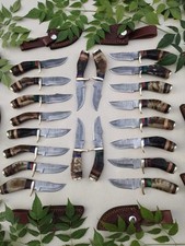 Lot of 20 PCS Damascus Steel Handmade 6'' Skinner Ram Horn knives W/Sheaths USA.