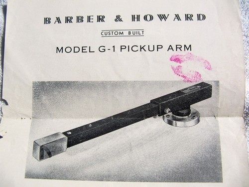 BARBER & HOWARD Model G-1 Tone Arm A Sheet GE VR Variable Reluctance Cartridge