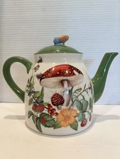 Rare Cracker Barrel Mushroom Teapot Berries Flowers Butterfly Green Trim Lid