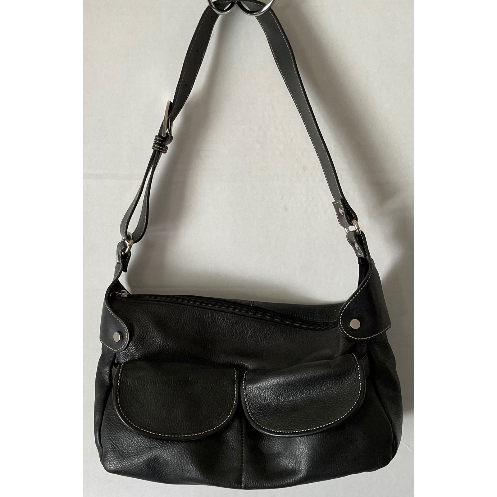 Maxx New York Black Pebbled Leather Shoulder Bag Front Pockets Striped Lining
