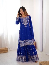 Attractive Look Faux Georgette Blue Palazzo Suit With Dupatta For Reception