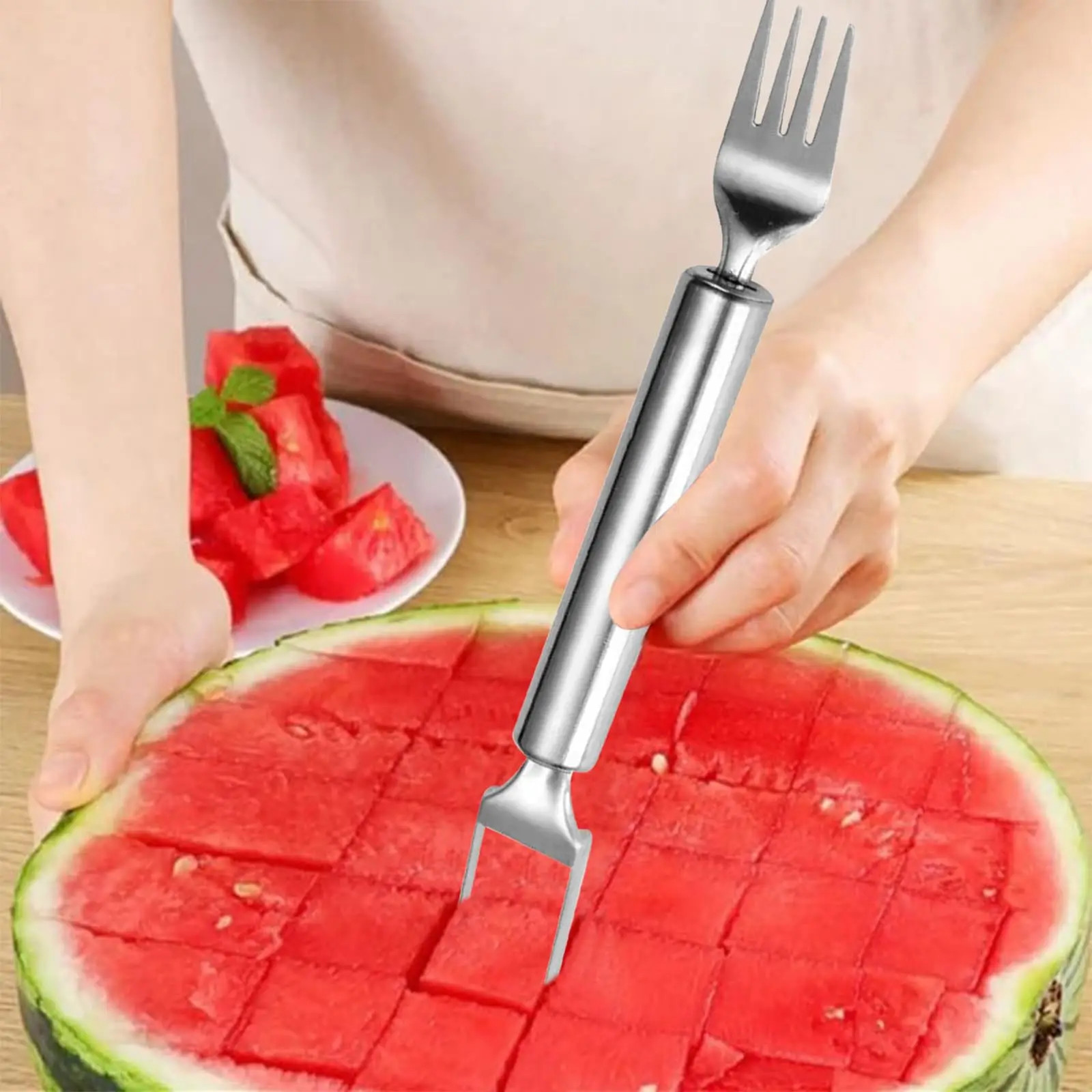 2 in 1 Stainless Steel Fruit Cutter, 2025 New Watermelon Fork Slicer Cutter Slic