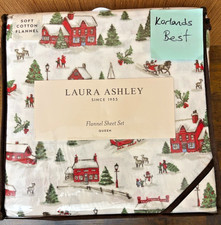 Laura Ashley Holiday Village QUEEN Cotton Flannel Christmas Sheet Set