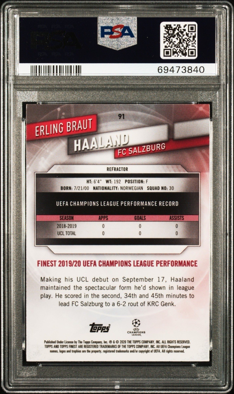 2019-20 Topps Finest UCL Erling Haaland #91 Chrome Refractor Rookie Card PSA 9 view 2