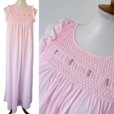 VTG Baby Pink Nightgown Floral Smocking Ruffled Sleeves Nylon Lingerie Sheer