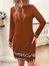 NEW PLUS SIZE 24 BROWN RUST ANIMAL PRINT SHIFT DRESS STRETCH LONG SLEEVE