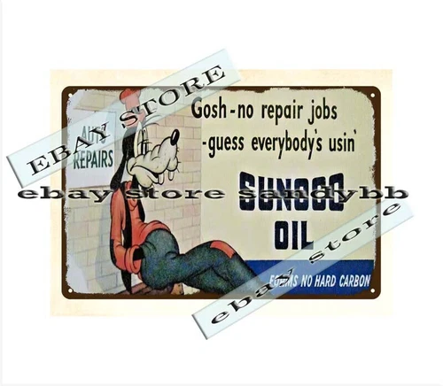 1940's Sunoco oil no repair jobs Goofy metal tin sign number plaque