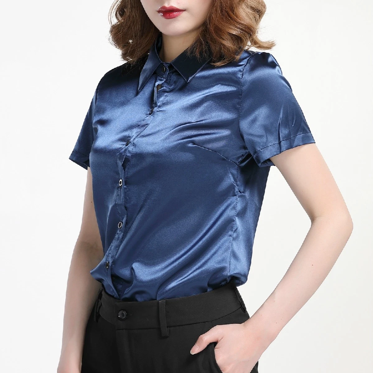 Satin button down shirt short sleeve hotsell