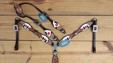 Western Horse Headstall Breast Collar Set-Flower Carving Painted Gambler Card 