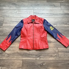 Oscar Piel Women's Red Blue Leather Jacket Jeff Gordon Theme Flames On Sleeves