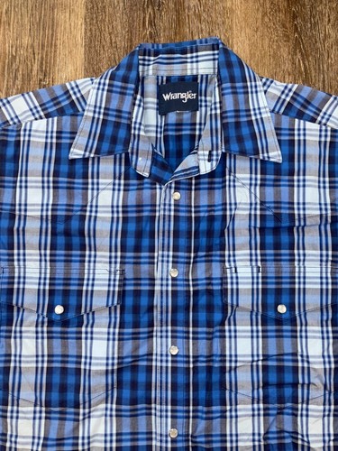 Wrangler Men Sz L Large ? Short Sleeve Button Shirt Blue Plaid Western Pear Snap - Picture 2 of 5
