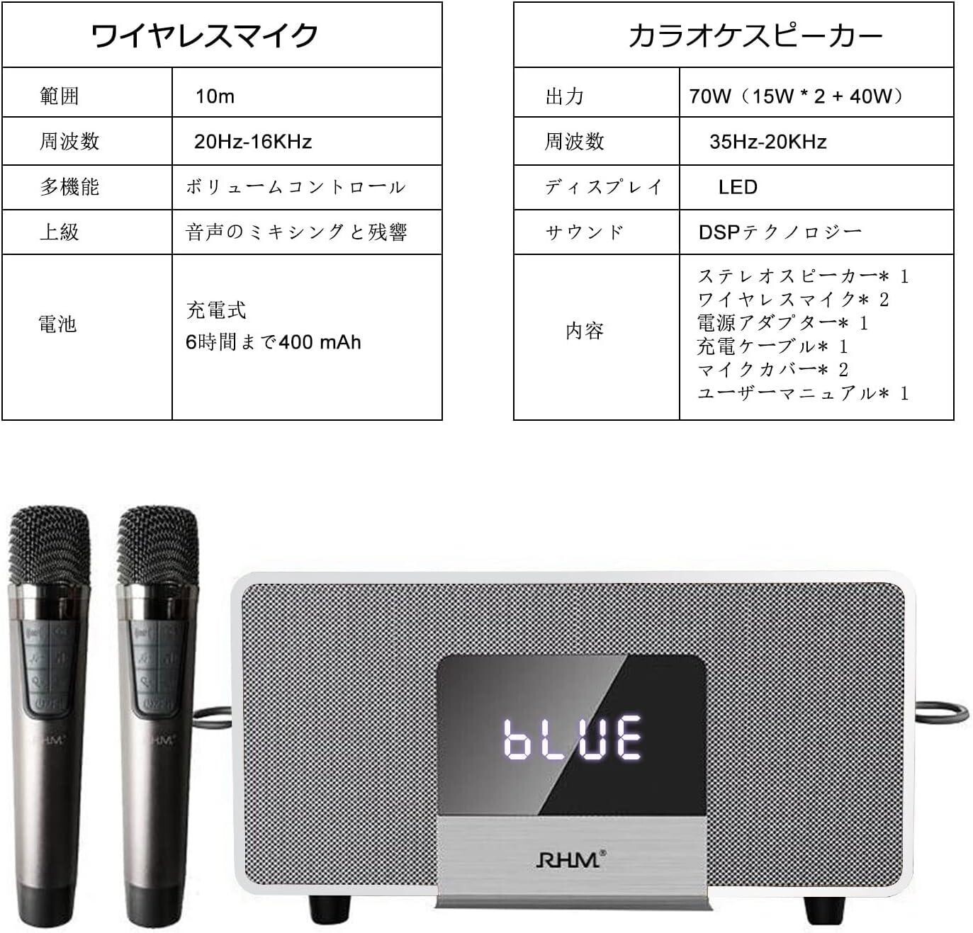 RHM Karaoke Machine for Adults with 2 UHF Wireless Microphones, BT
