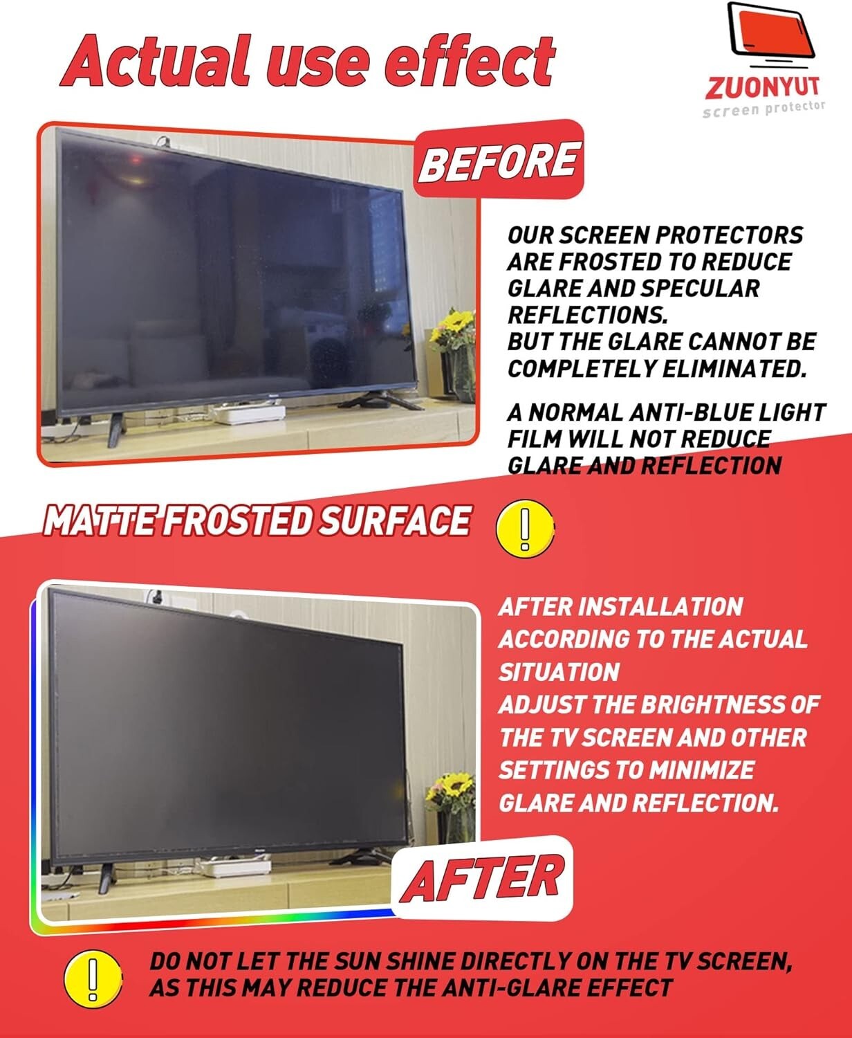 ZUONYUT Anti Glare TV Screen Protector for 50 Inch, Blue Light Filter