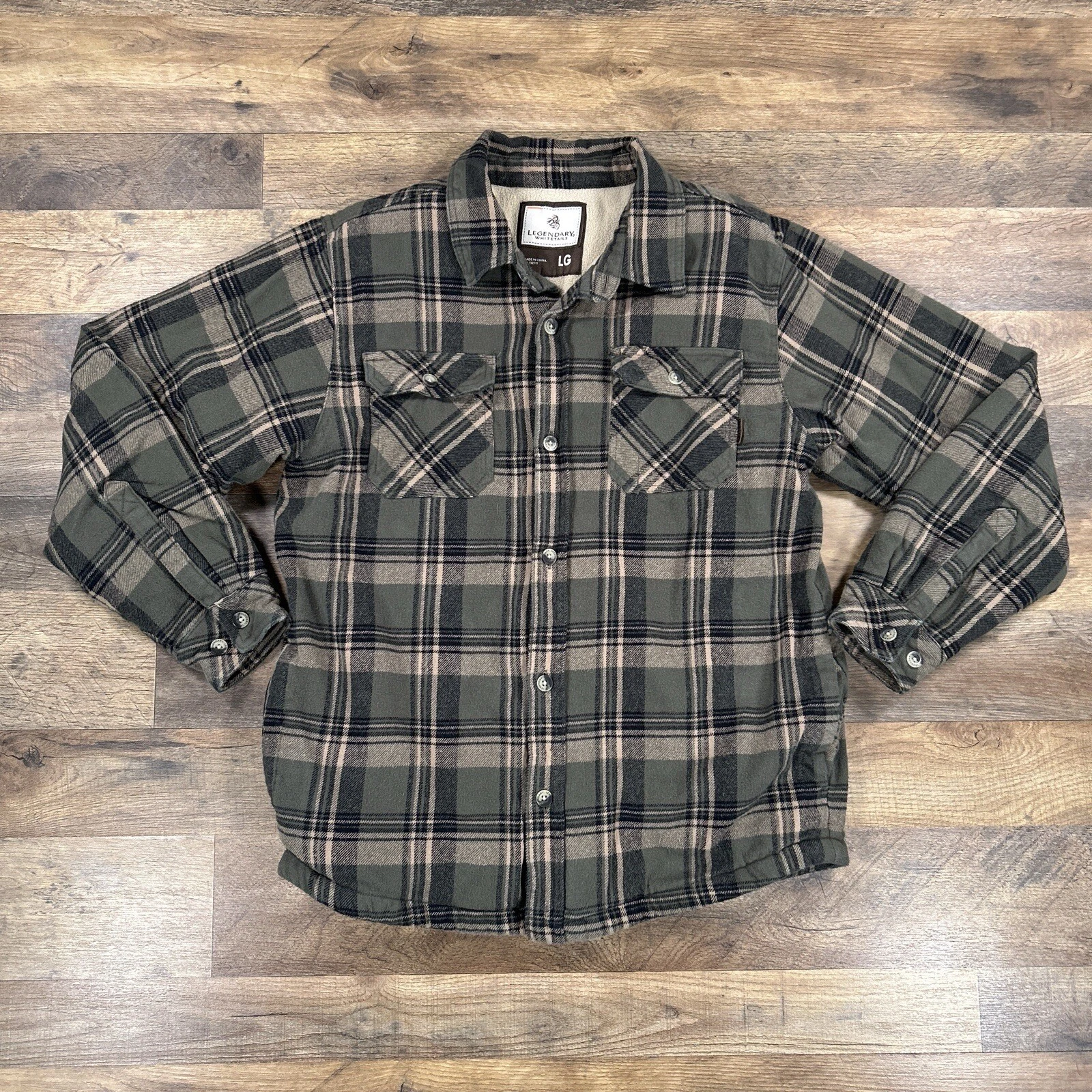 Legendary Whitetails Shirt Mens Large Green Plaid Flannel Fleece Lined Button Up