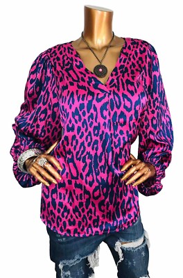 Ee:some L Top $58 Animal Print Low V Cut Blouse 3/4  Slvs Silky Tunic Pink Navy
