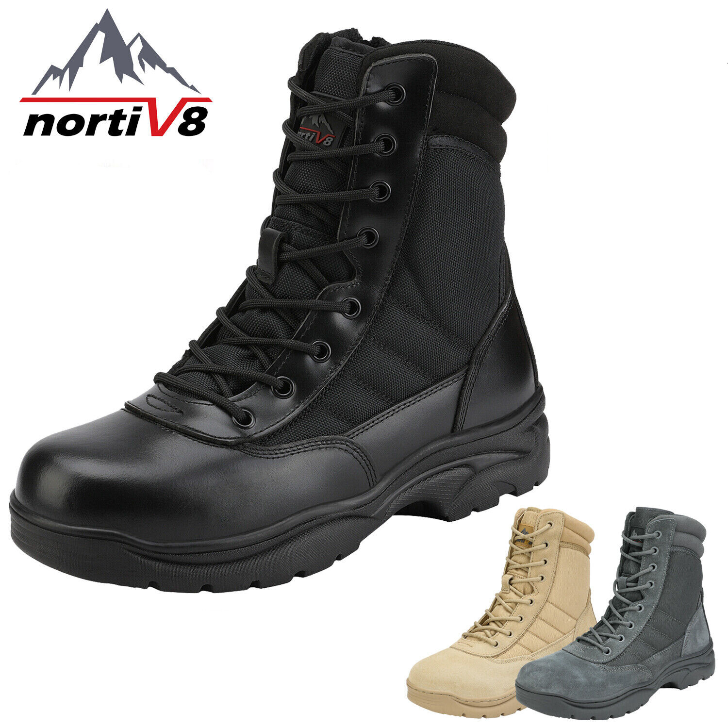 NORTIV 8 Men's Tactical Military Boots - Waterproof Leather, Zipper & Lace-Up, Size 6.5-15 For Hiking & Motorcycle