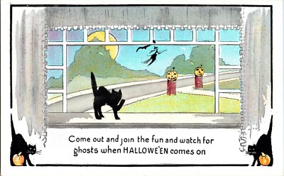 Vintage 1910's Flying Witch, Broom, Black Cats, JOL & Moon Halloween Postcard