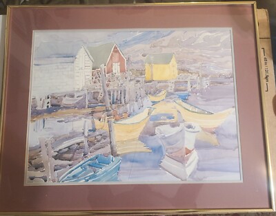 Watercolor Art Print Unknown Artist Fishing Boats Lobster Traps