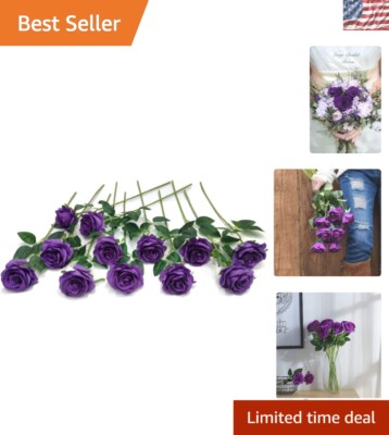 12 PCS Lifelike Purple Silk Roses - Elegant Long Stem Flowers for Home Decor