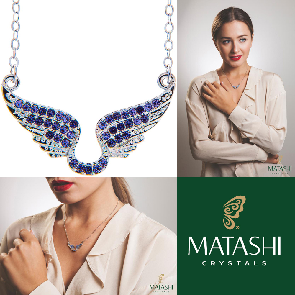 Collar Matashi 16" Chapado en Rodio con Alas de Ángel y Cristales Púrpura Regalo para Mamá