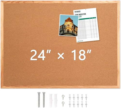 Cork Board 24" x 18" Wooden Frame Bulletin Board, Pin Cork Board for Wall Room