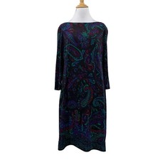 Lauren Ralph Lauren Shift Dress Womens 10 Multi Paisley Bateau Neck 3/4 Sleeve
