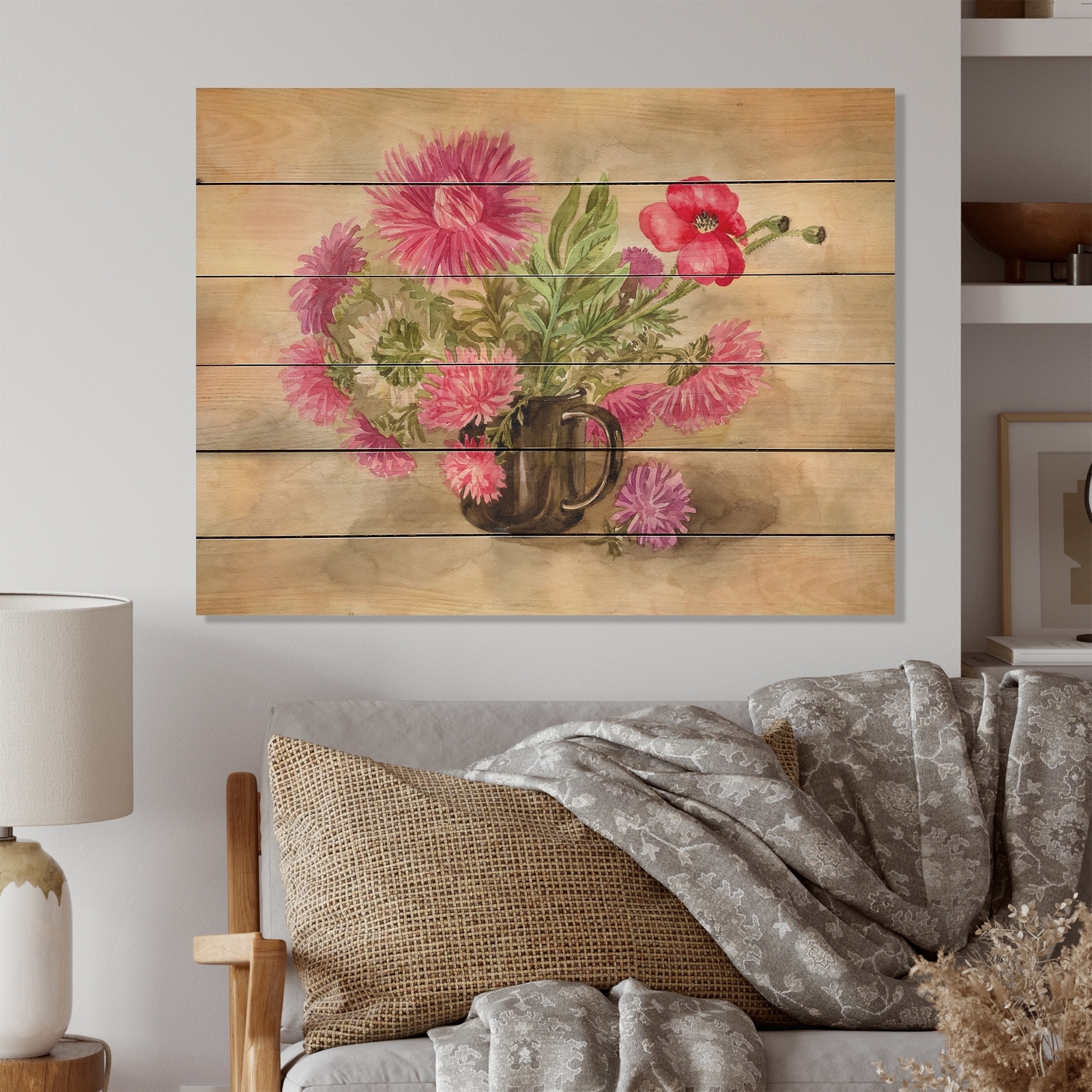 Designart 'Vintage Autumn Pink Flowers' Farmhouse Wood Wall
