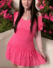 LOVESHACKFANCY Rena Dress Watermelon Ice Pink Magenta Stripe Ruffle smocked L