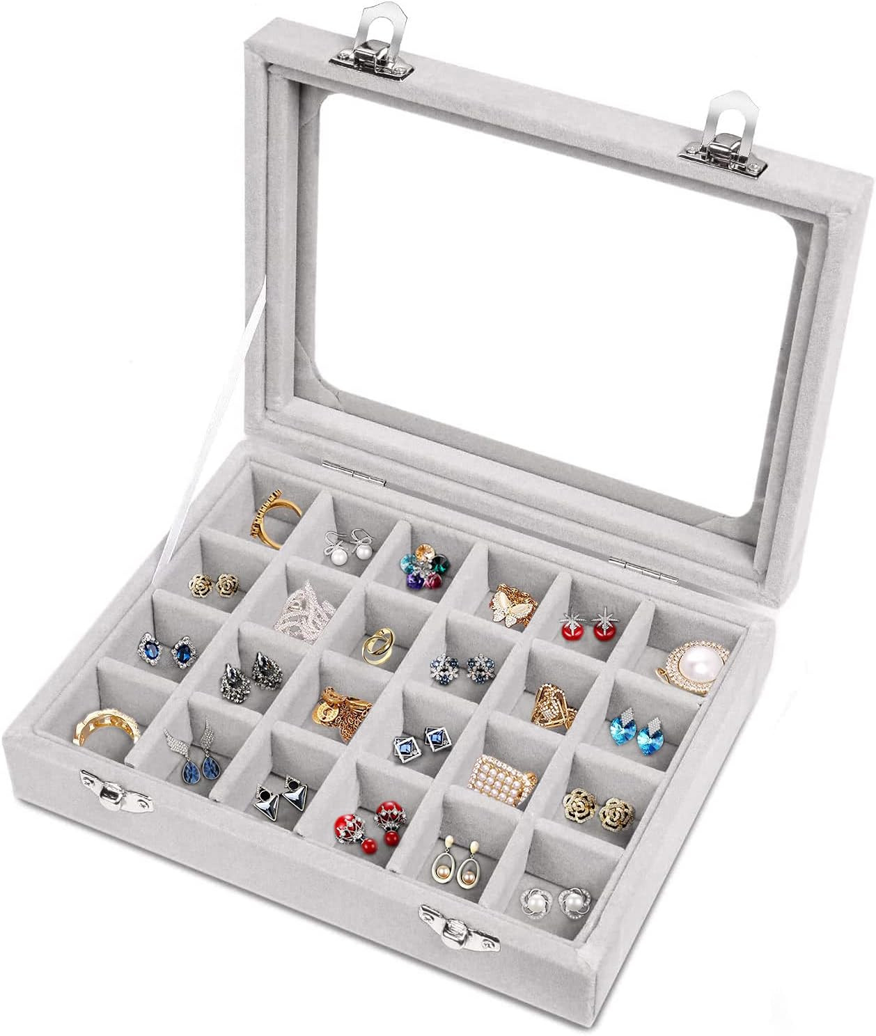 Jewelry Box 24 Grid Velvet Tray for Drawers Glass Clear Lid Grey-image